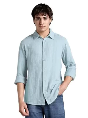 Men's 100% Cotton Solid Color Shirt - Full Sleeves | Casual Shirts for Men | Shirts for Office | Comfortable & Soft( Dusty Blue)