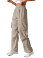 Cream High Waist Cotton Trousers for Women – Flared Parachute Pants with Side Pockets