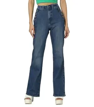 Women’s Flared Fit High Rise Mid Washed Jeans(Medium Blue)