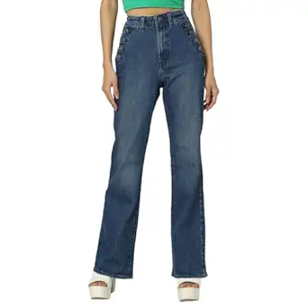 Women’s Flared Fit High Rise Mid Washed Jeans(Medium Blue)