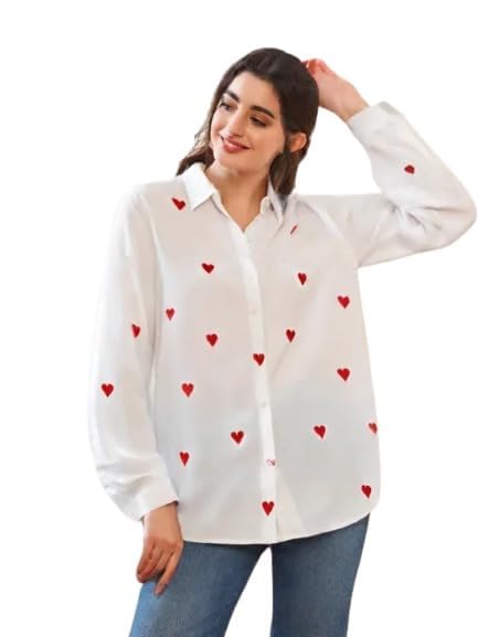 Women's Regular Fit Red Heart Printed Button Down Collar Casual White Shirt