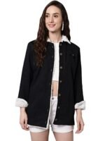 Women Cotton Blend Full Sleeve Solid Long Knee Length Jacket(Black)