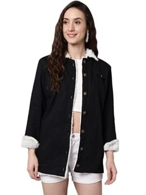 Women Cotton Blend Full Sleeve Solid Long Knee Length Jacket(Black)