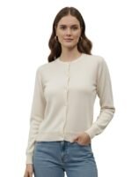 Women Viscose Solid Full Sleeve Cardigan with Buttons(White)