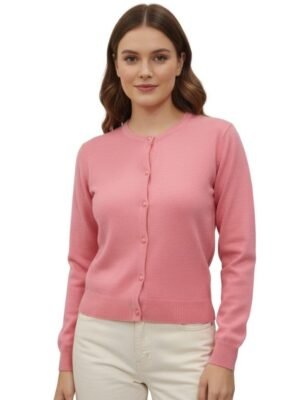 Women Viscose Solid Full Sleeve Cardigan with Buttons(Pink)