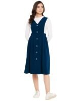 Women Solid Pinafore Dress with Button(Blue)