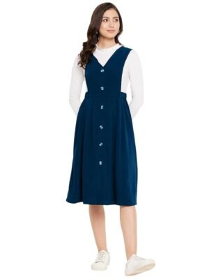 Women Solid Pinafore Dress with Button(Blue)