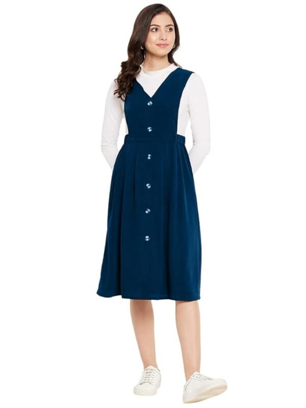 Women Solid Pinafore Dress with Button(Blue)