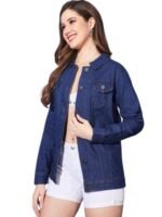 Women's Oversized Blue Denim Jacket, Long Sleeve, Button Front, Classic Casual Style( Dark Blue)