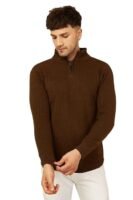 Men High Neck Zipper Full Sleeve Woolen Winter Sweater(Brown)