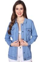 Women's Oversized Blue Denim Jacket, Long Sleeve, Button Front, Classic Casual Style(Light Blue)