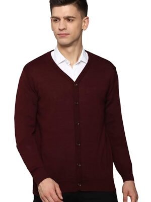 Microfiber Men V-Neck Cardigan Sweater(Maroon)