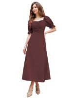 Women's Solid A-Line Ruched Puff Sleeve Maxi Long Evening One Piece Long Dress for Women Stylish(Brown)