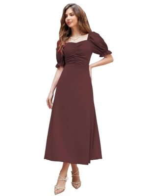 Women's Solid A-Line Ruched Puff Sleeve Maxi Long Evening One Piece Long Dress for Women Stylish(Brown)