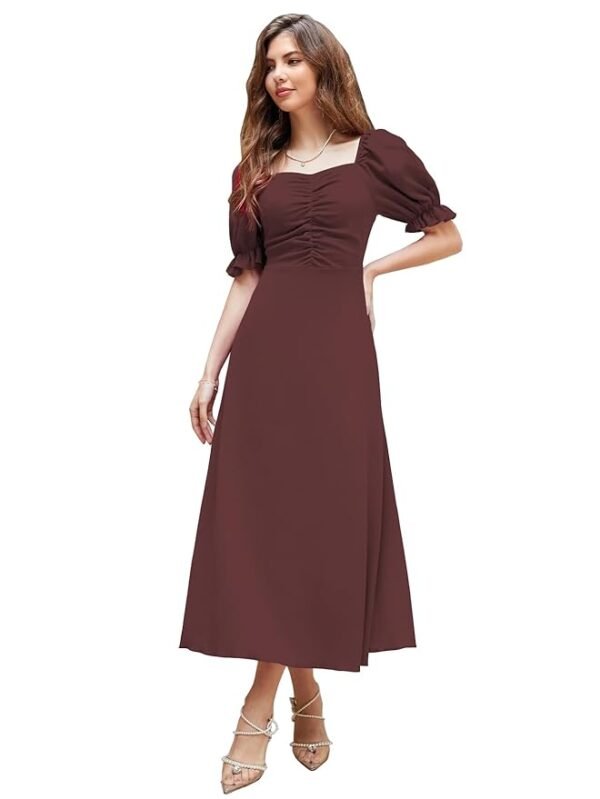 Women's Solid A-Line Ruched Puff Sleeve Maxi Long Evening One Piece Long Dress for Women Stylish(Brown)