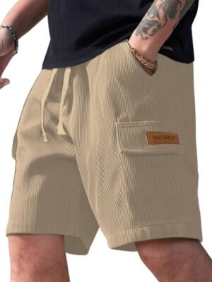 Classic Men's Ribbed Polycotton Relaxed Fit Cargo Stretch Shorts || Half Pant with Drawstring & 4 Pockets(Chiku)