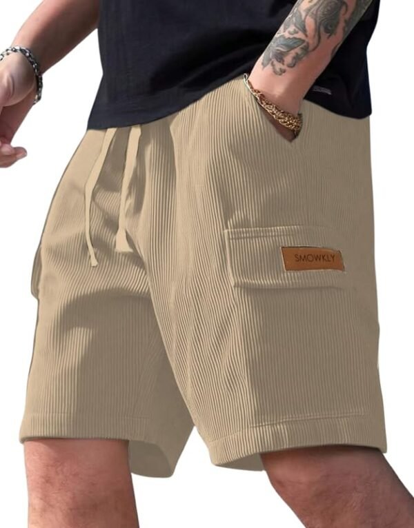 Classic Men's Ribbed Polycotton Relaxed Fit Cargo Stretch Shorts || Half Pant with Drawstring & 4 Pockets(Chiku)