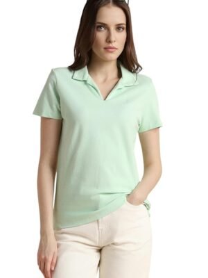 Women's Regular Comfort Fit Cotton Rich V Neck Polo T-Shirt(Green)