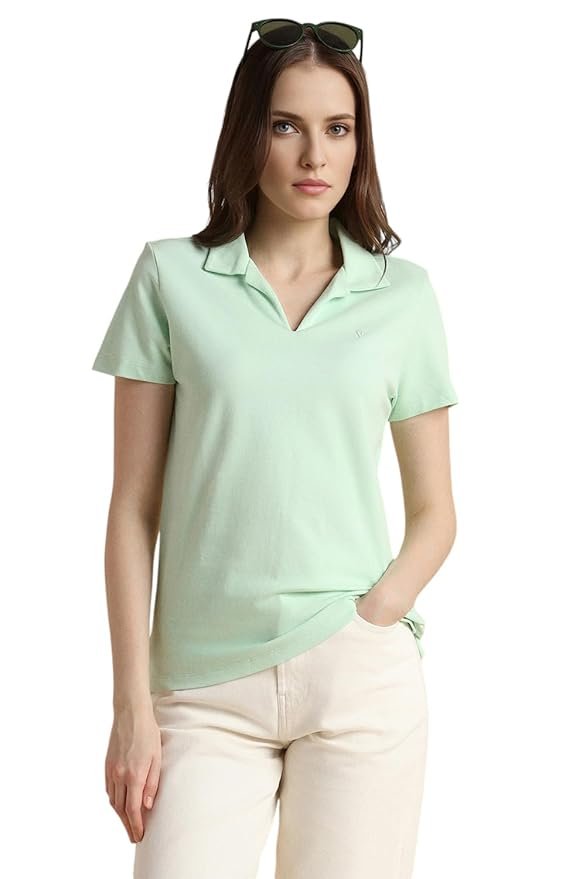 Women's Regular Comfort Fit Cotton Rich V Neck Polo T-Shirt（Green）