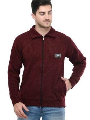 Men Zipper Thick Fabric Woolen Winterwear Full Sleeve Collar with Side Pockets Jacket(Maroon)