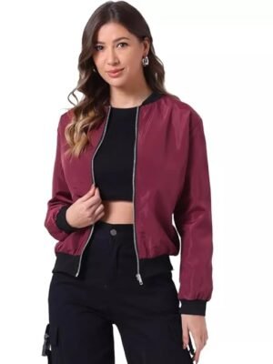 Women's Solid Bomber Jacket – Lightweight Zip-Up Stylish Casual Wear – Full Sleeve Windcheater(Maroon)