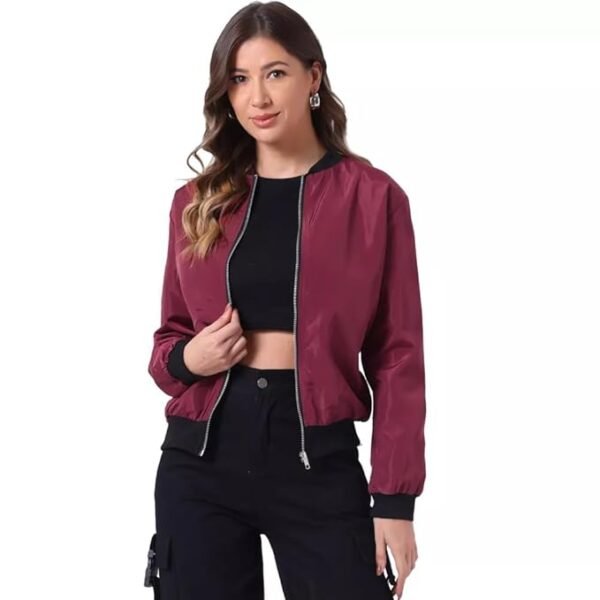Women's Solid Bomber Jacket – Lightweight Zip-Up Stylish Casual Wear – Full Sleeve Windcheater(Maroon)