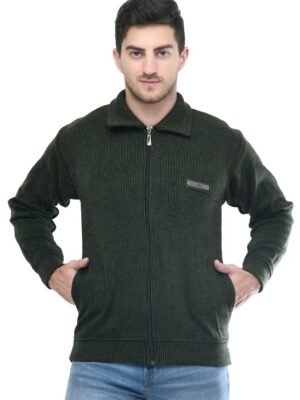 Men Zipper Thick Fabric Woolen Winterwear Full Sleeve Collar with Side Pockets Jacket(Green)