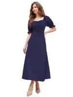 Women's Solid A-Line Ruched Puff Sleeve Maxi Long Evening One Piece Long Dress for Women Stylish(Navy Blue  )