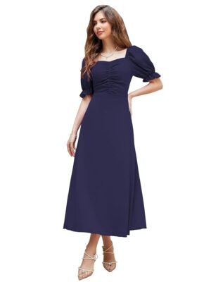 Women's Solid A-Line Ruched Puff Sleeve Maxi Long Evening One Piece Long Dress for Women Stylish(Navy Blue )