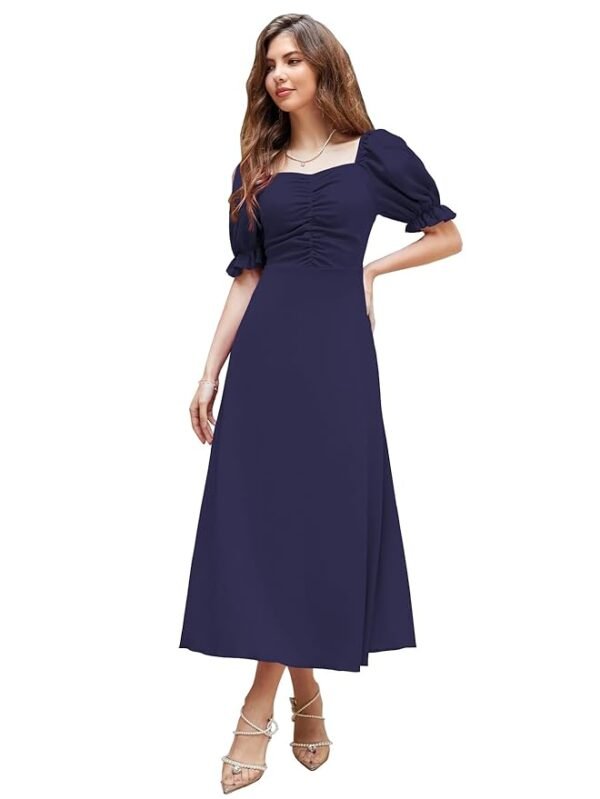 Women's Solid A-Line Ruched Puff Sleeve Maxi Long Evening One Piece Long Dress for Women Stylish(Navy Blue  )