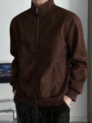 Men's Premium Fleece Jacket – Full Zip High Neck Winterwear with Ribbed Cuffs & Soft Warm Fabric(Brown)