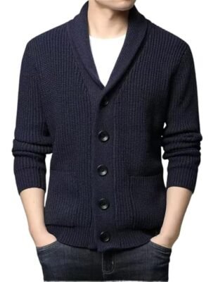 Men's Wool Blend Turn-Down Collar Buttoned Cardigan Sweater(Dark Blue)