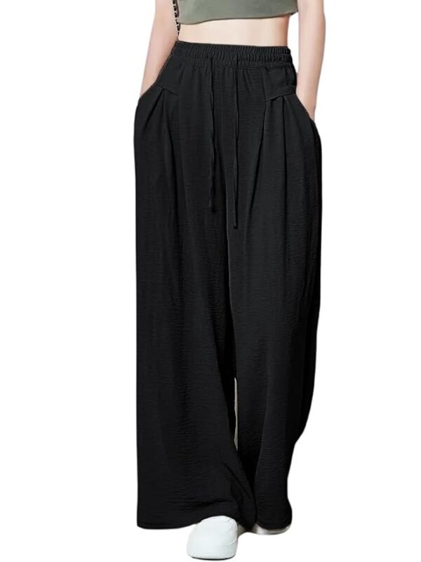Black High Waist Polycotton Trousers for Women – Flared Parachute Pants with Side Pockets | Casual Travel Cargo Pants