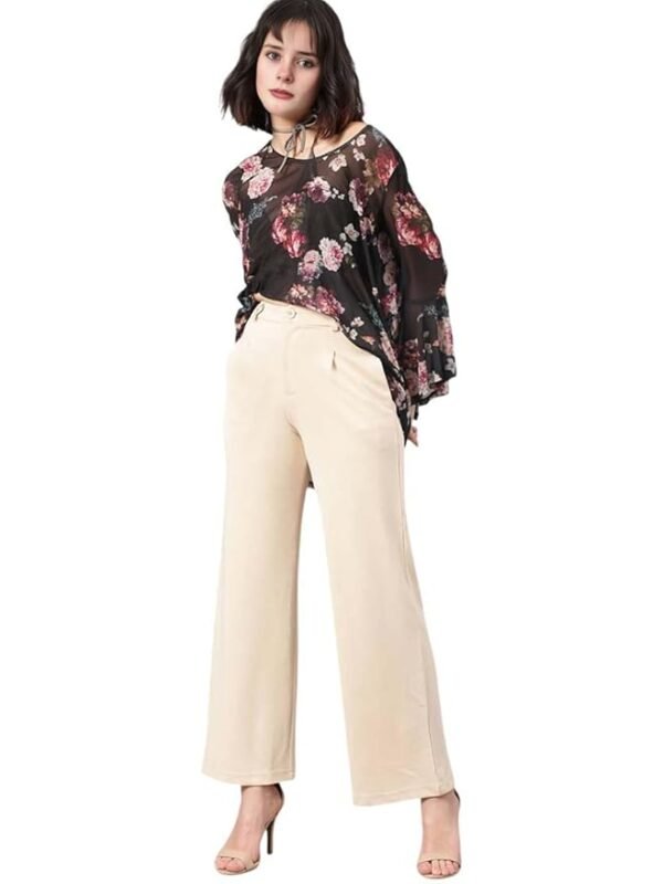 Beige Women's Relax Fit Straight Leg Tie Waist Pants