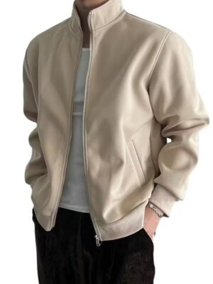 Men's Premium Fleece Jacket – Full Zip High Neck Winterwear with Ribbed Cuffs & Soft Warm Fabric(Beige)