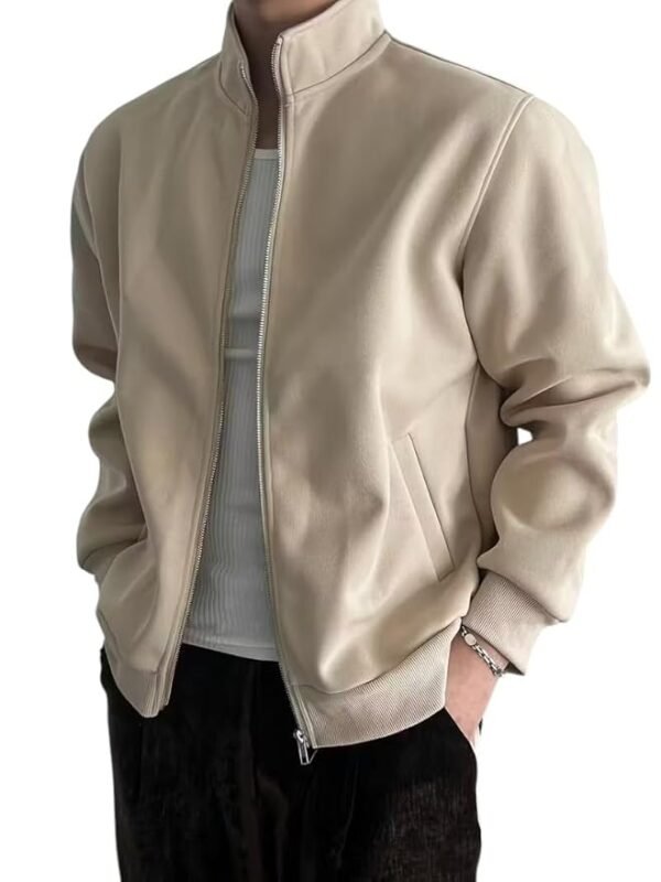 Men's Premium Fleece Jacket – Full Zip High Neck Winterwear with Ribbed Cuffs & Soft Warm Fabric(Beige)