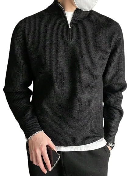 High Neck Woolen Sweater for Men Half Zip Wool Cardigan(Black)