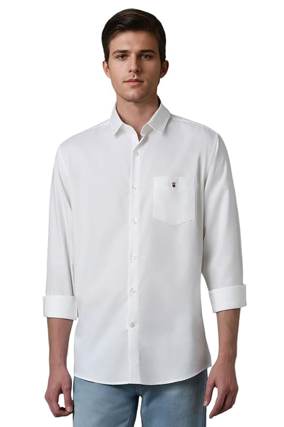 Men's Easy to Care Cotton Slim fit Solid Casual Shirt with Natural Stretch(White)
