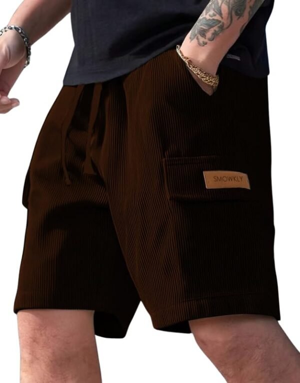 Classic Men's Ribbed Polycotton Relaxed Fit Cargo Stretch Shorts || Half Pant with Drawstring & 4 Pockets(Brown)