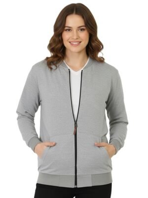 Women's Loop knit Loose Fit Drop Shoulder Bomber Jacket with Zipper Closure and Side Pockets(Grey)