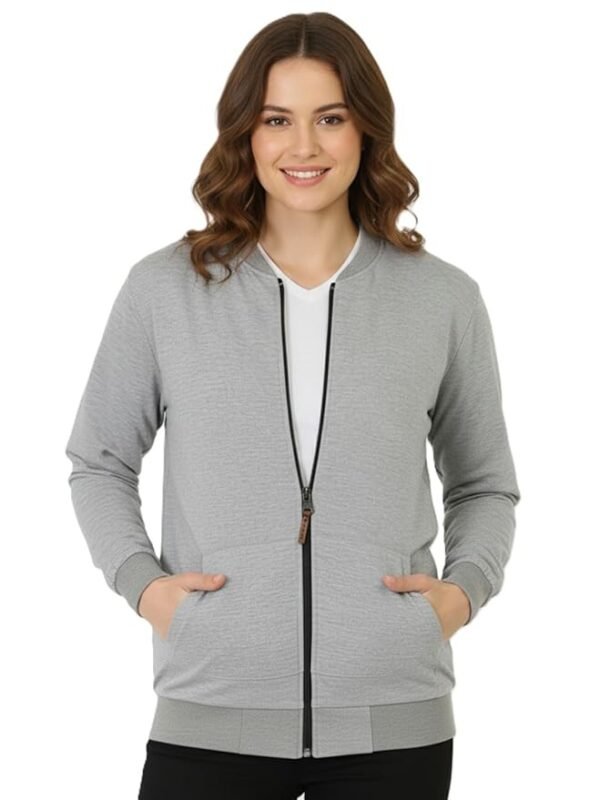 Women's Loop knit Loose Fit Drop Shoulder Bomber Jacket with Zipper Closure and Side Pockets(Grey)