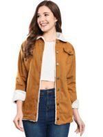 Women Cotton Blend Full Sleeve Solid Long Knee Length Jacket(Tan)