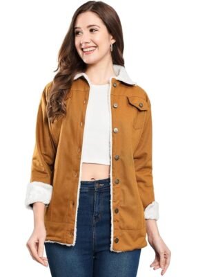 Women Cotton Blend Full Sleeve Solid Long Knee Length Jacket(Tan)