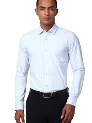 Men's Slim Fit Full Sleeve Striped Formal Shirt | Cotton Rich | Wonder Fabric | Pin Point Oxford(Blue)