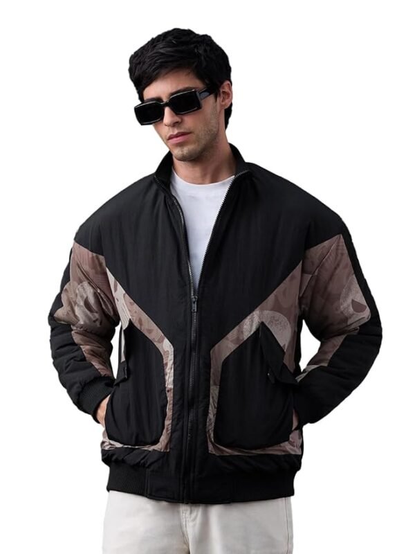 Justice Men and Boys Full Sleeves Band Collar Black Camouflage Printed Polyester Regular Fit Lightweight Utility Pockets Winter Jacket