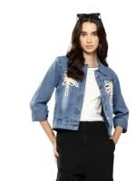 Women Casual Wear Black Color Embroidery Denim Jacket(Blue)
