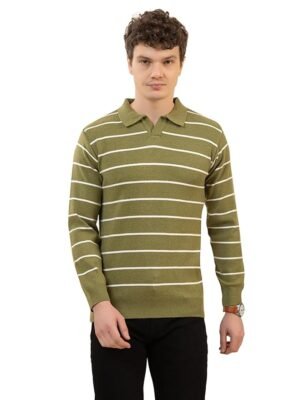 Men’s Premium Striped Polo Neck Sweater | Stylish Wool Blend Full Sleeve Knitted Pullover for Men(Green)