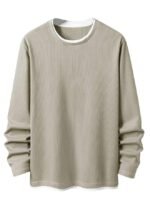 Men’s Casual Long Sleeve Waffle Knit T-Shirt – Soft Breathable Crewneck Top with Layered Hem(Grey)