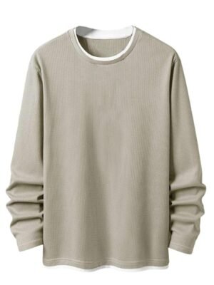 Men’s Casual Long Sleeve Waffle Knit T-Shirt – Soft Breathable Crewneck Top with Layered Hem(Grey)