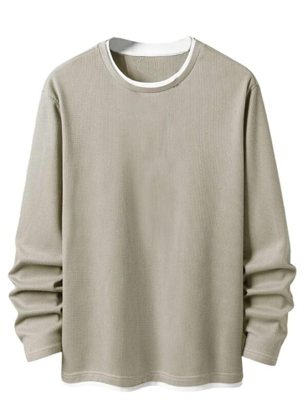 Men’s Casual Long Sleeve Waffle Knit T-Shirt – Soft Breathable Crewneck Top with Layered Hem(Grey)